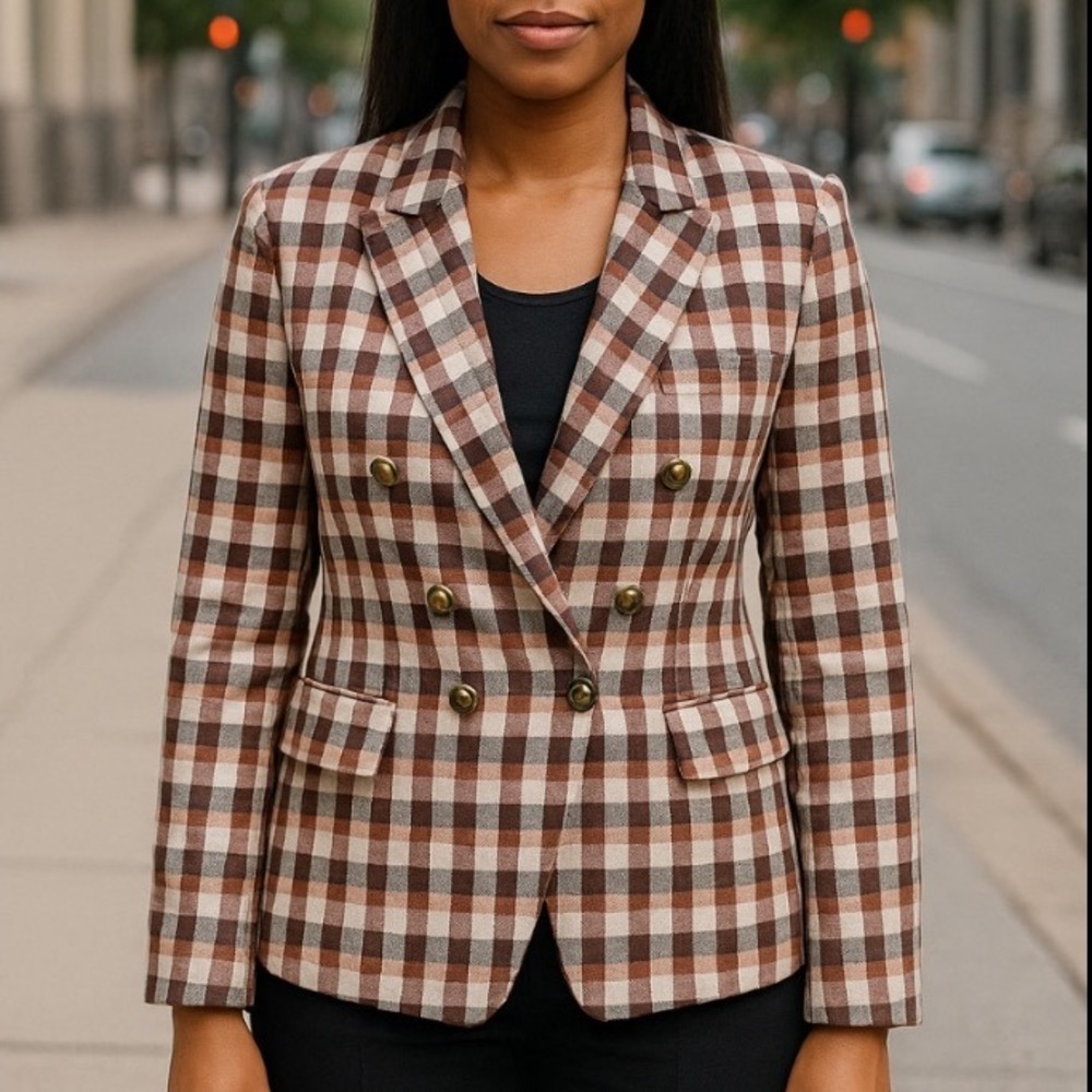 Joie Plaid‎ Double Breasted Blazer Jacket career Women's S Brown Multi Color